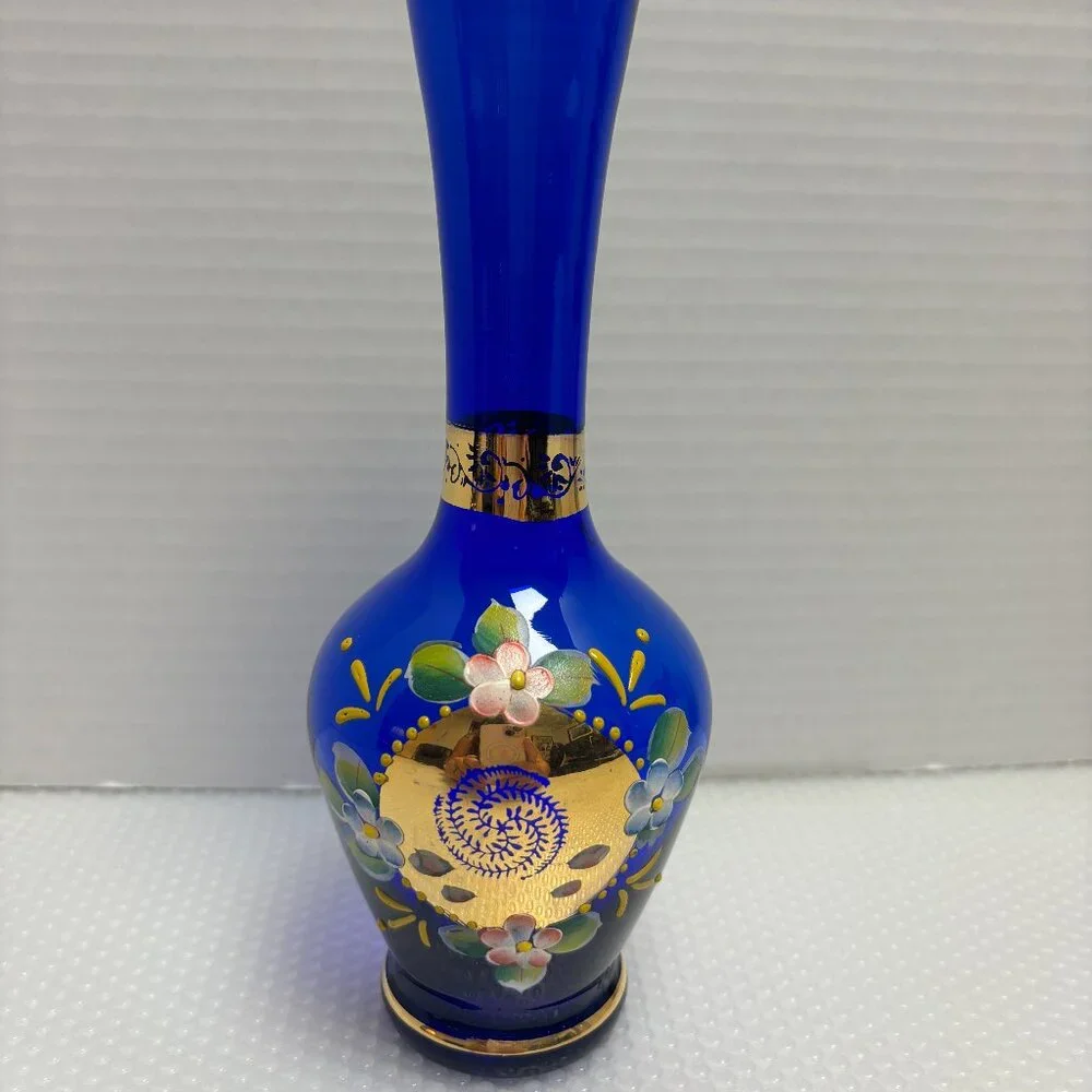 Hand Painted Venetian Style Vase Blue w/Flowers and Gold Trim